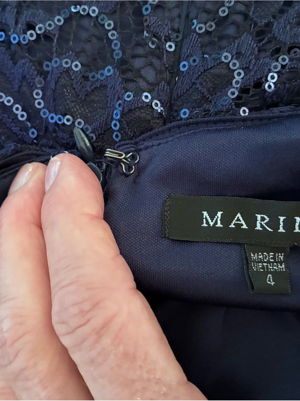 MARINA Navy Sequin Lace Dress - Picture 12 of 13